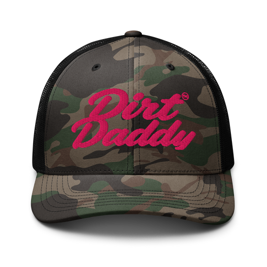 Girlie Pop woodland camo trucker hat with Dirt Daddy logo in pink embroidery, front view