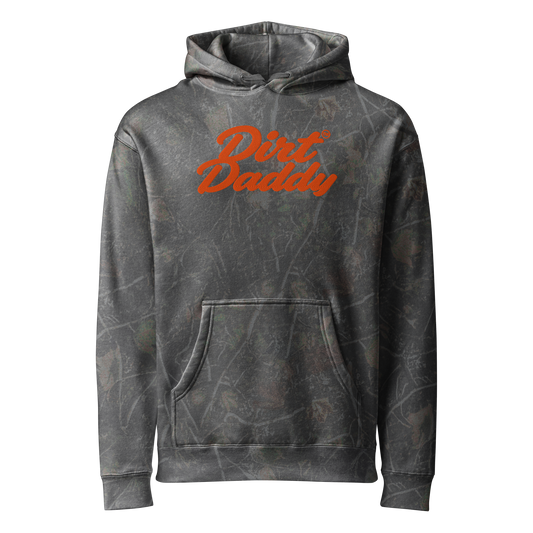 Dirt Daddy heavyweight hoodie in Darkwood Tree Camo with embroidered chest logo, front view